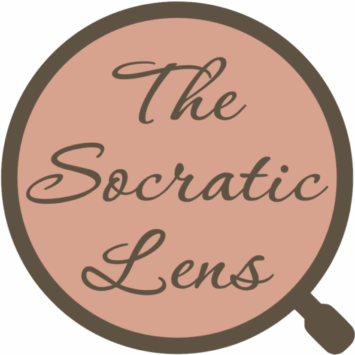 Logo for The Socratic Lens featuring cursive text inside a magnifying glass shape with a peach-colored center, symbolizing clarity through inquiry