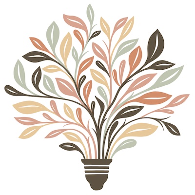 Illustration of a light bulb sprouting colorful branches and leaves, symbolizing curiosity, growth, and idea exchange