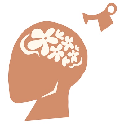 Illustration of a human head silhouette with flowers and leaves growing inside, nurtured by a small watering can hovering above, symbolizing transformation through inner care