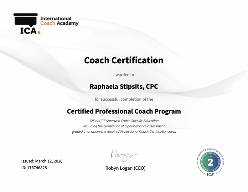 Certificate awarded to Raphaela Stipsits for completing the Certified Professional Coach Program with the International Coach Academy